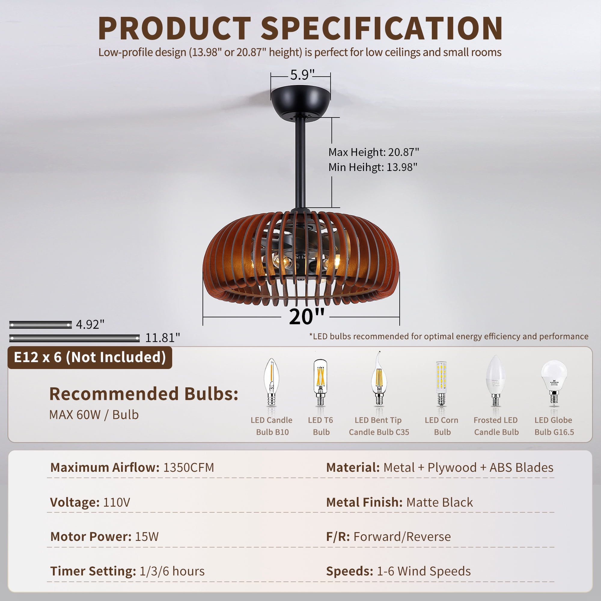 Leumius 20" Pumpkin Wood Ceiling Fan, Rustic Farmhouse Plywood Fandelier with 6 E12 Sockets, Reversible DC Motor, Adjustable Hanging, 6 Speeds Remote Control Ceiling Fan for Dining Room Kitchen