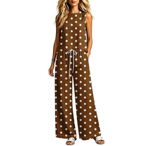 jobturf Womens 2 Piece Outfits Summer Polka Dots Tank Top Drawstring Wide Leg Pants with Pockets Lightweight Casual Loungewear Sets S-2XL
