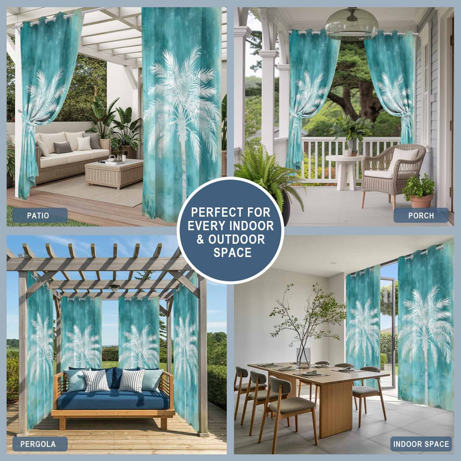 Palm Leaf Outdoor Curtains for Patio, Coastal White Palm Tree Teal Green Sunshade Privacy Drapes Grommet Waterproof Outside Curtains for Porch/Cabana/Balcony 54"x 108", 1 Panel