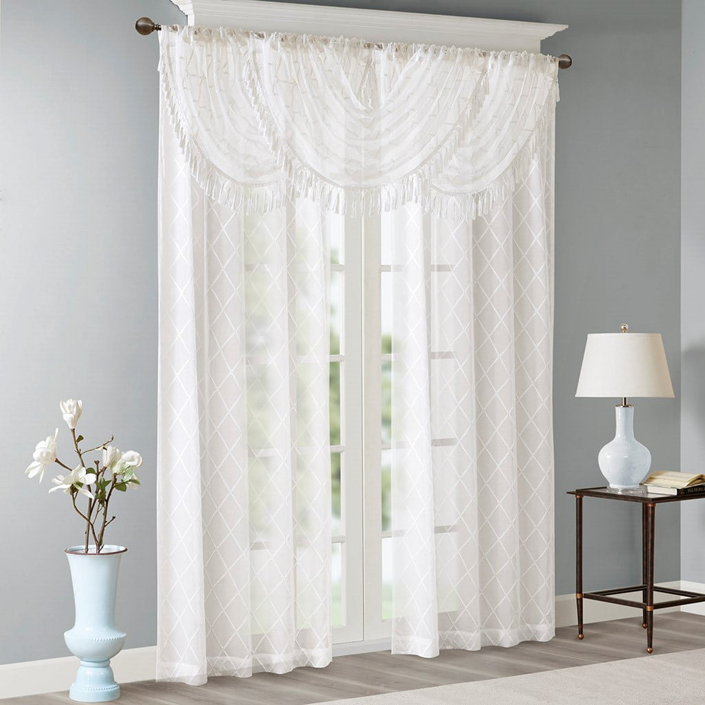 MAYEERTY 38x46" Diamond Sheer Embroidered Waterfall Valance White/Grey