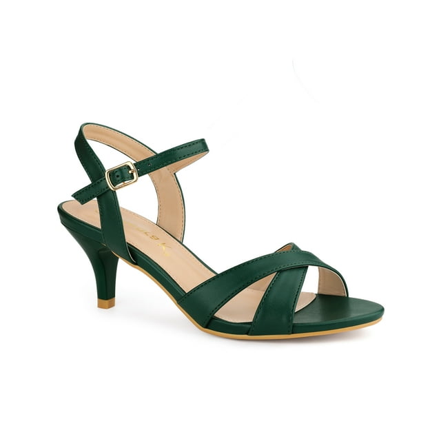 BLISSFUL STEP Sandales pour Femmes à Petit Talon, Bout Ouvert, Brides Croisées, Bride de Cheville Ajustable, Vert Foncé 6