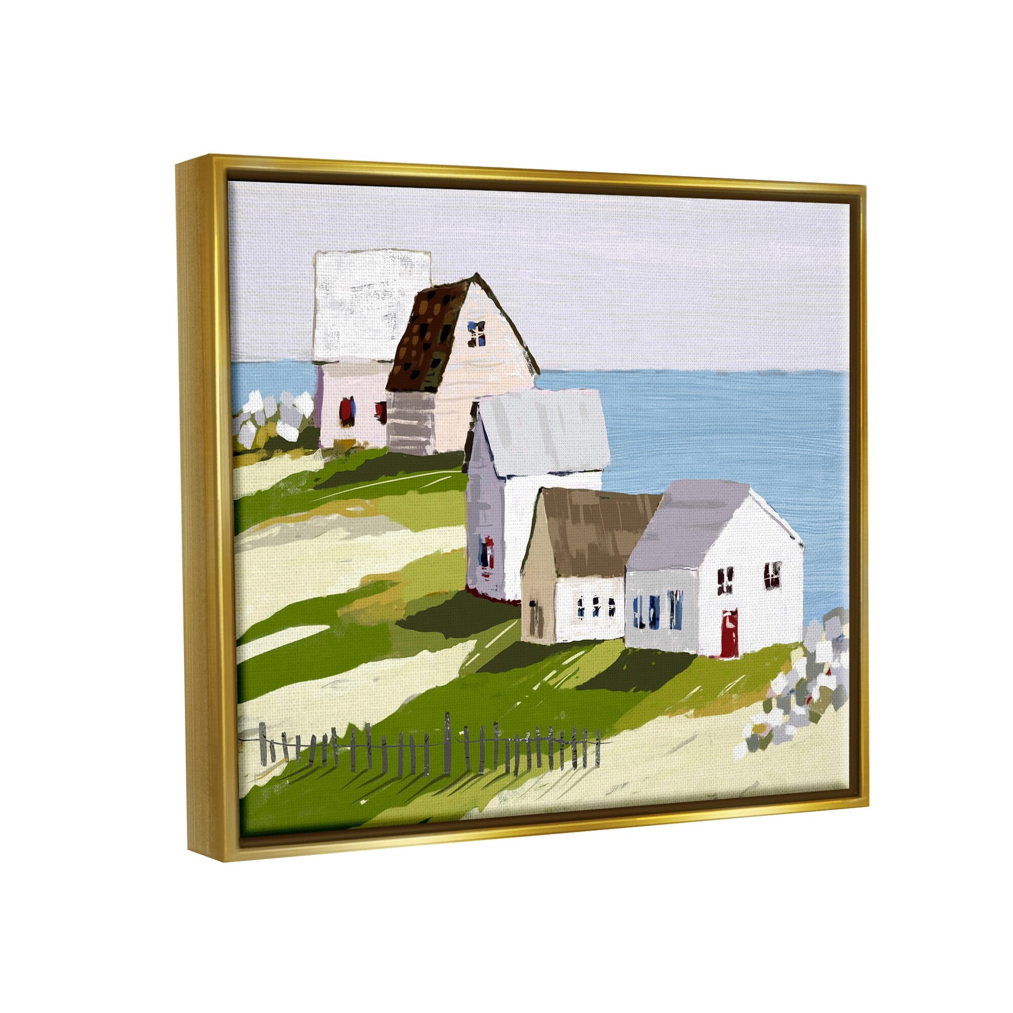 Stupell Industries Quaint Seaside Cottages Overlooking Vast Ocean Landscape Graphic Art Metallic Gold Floating Framed Canvas Print Wall Art, Design by Tina Finn