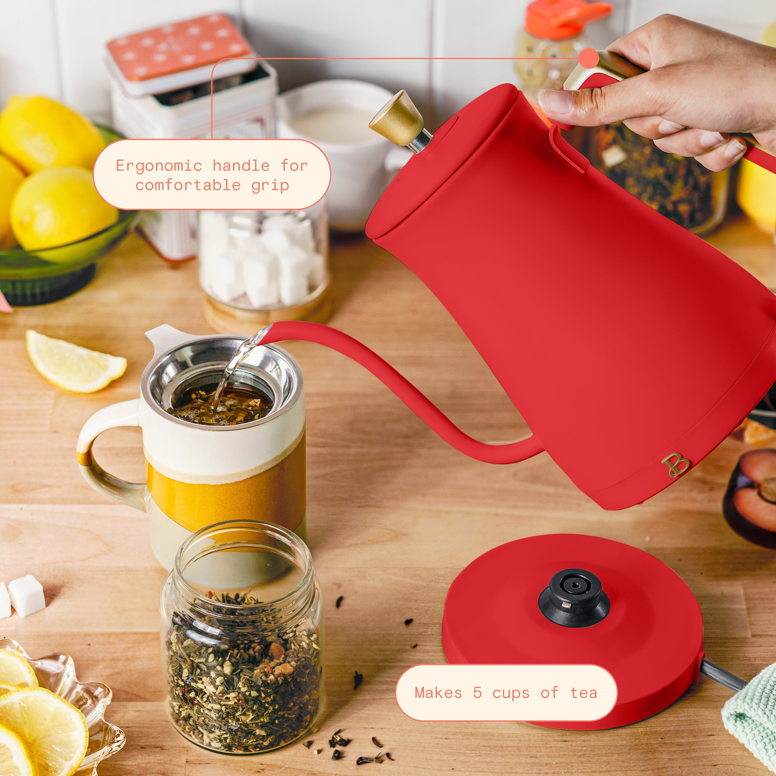 Beautiful 1-Liter Electric Gooseneck Kettle 1200 W, Tomato Red by Drew Barrymore
