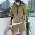 thumbnail image 3 of Xioeram 2Pcs/Set Men Casual Outfit Hooded Zipper Neckline Short Sleeve T-shirt Elastic Waist Wide Leg Shorts Set Solid Color Loose Fit Outfit, 3 of 8