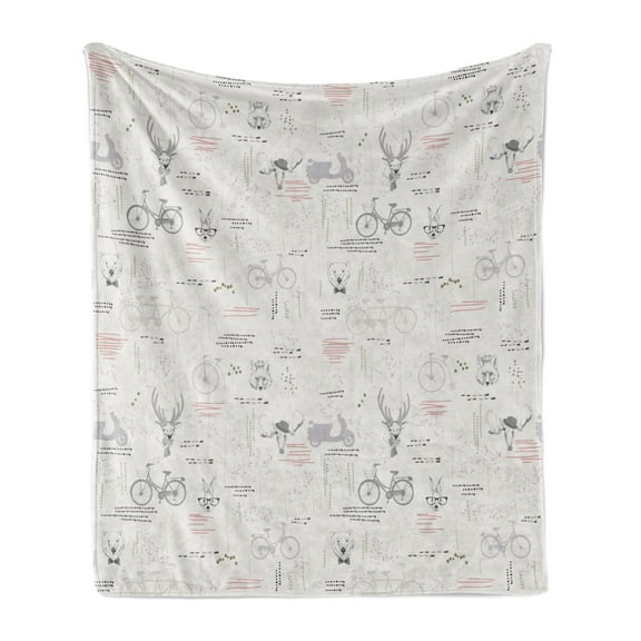Indie Soft Flannel Fleece Throw Blanket, Minimalist Pattern with Trees Foliage Deer Rabbit Fox Bear, Cozy Plush for Indoor and Outdoor Use, 50" x 70", Vermilion Pale Grey, by Ambesonne