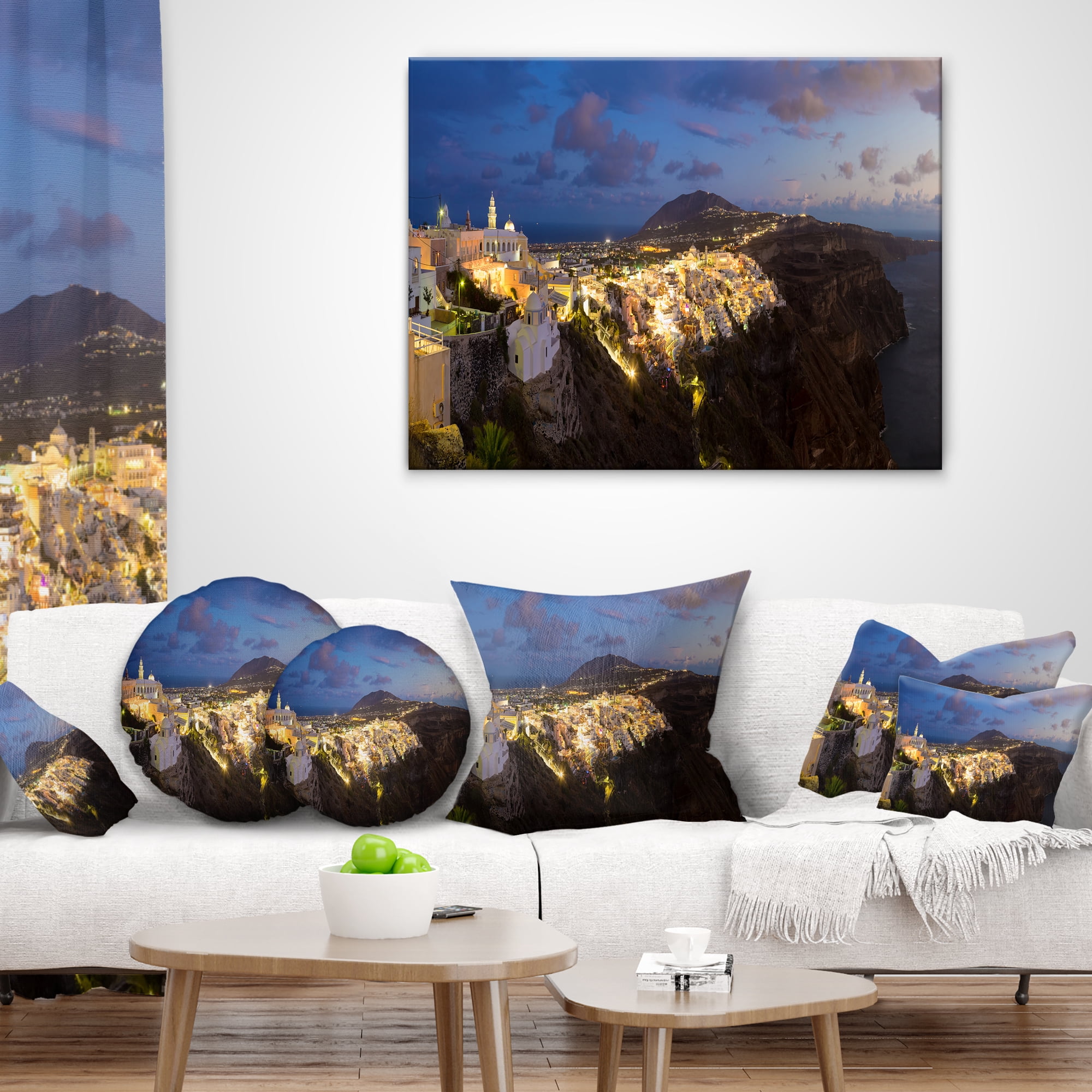 Designart Thira Santorini Greece Panorama - Landscape Printed Throw Pillow - 18x18