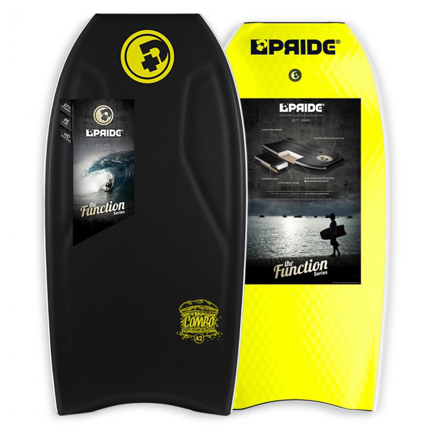 Pride Bodyboard The Combo PE 42'' Black deck, White rails, Yellow