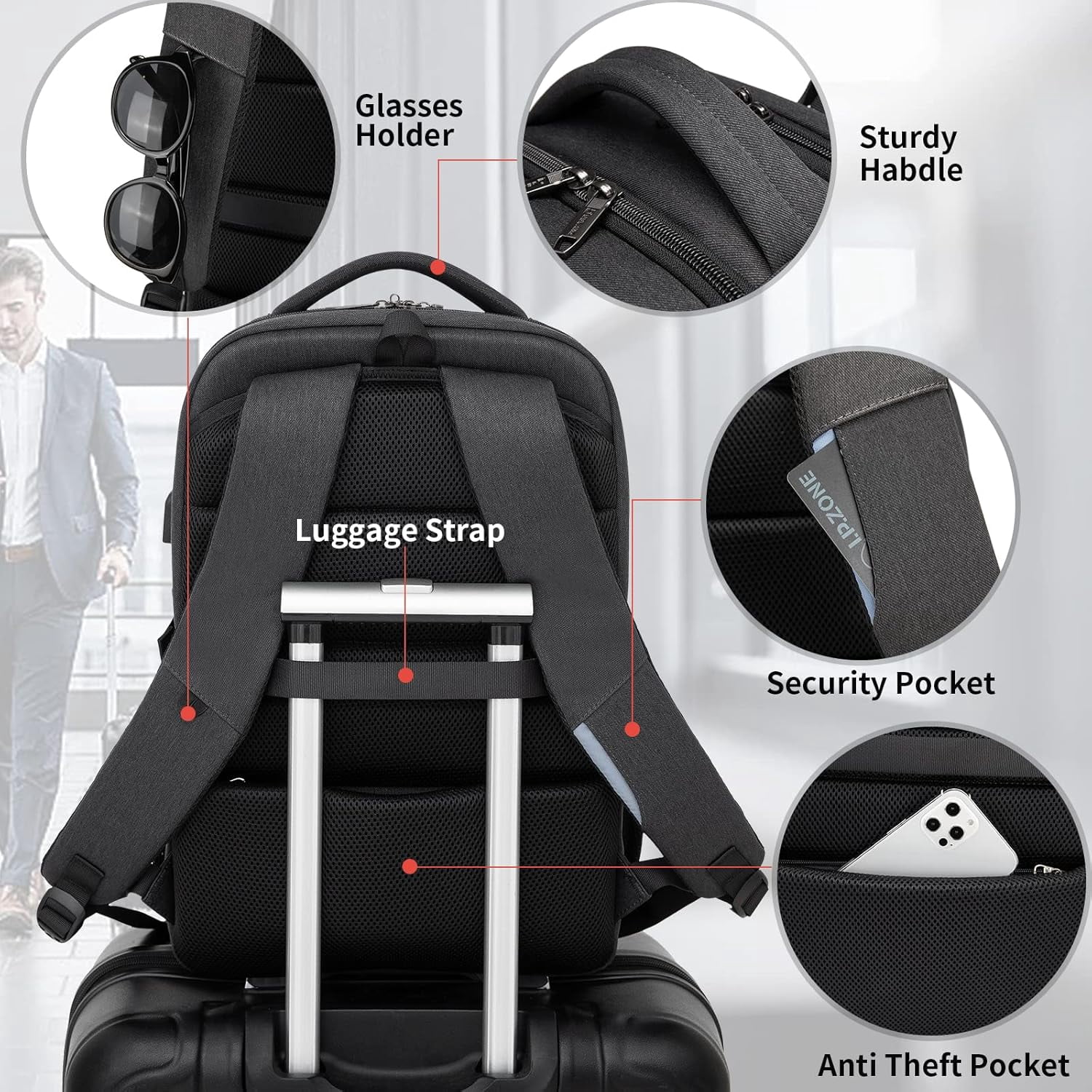 GlneYos Laptop Backpack for men,Business Travel backpack with USB Charging Port 18 inch laptop bag Water Resistant College Backpack Black