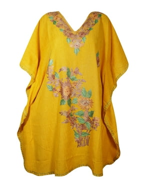 Mogul Women Embellished Sunflower Yellow Floral Short Caftan Lounger Cover Up BOHO CHIC Tunic Dress 3XL