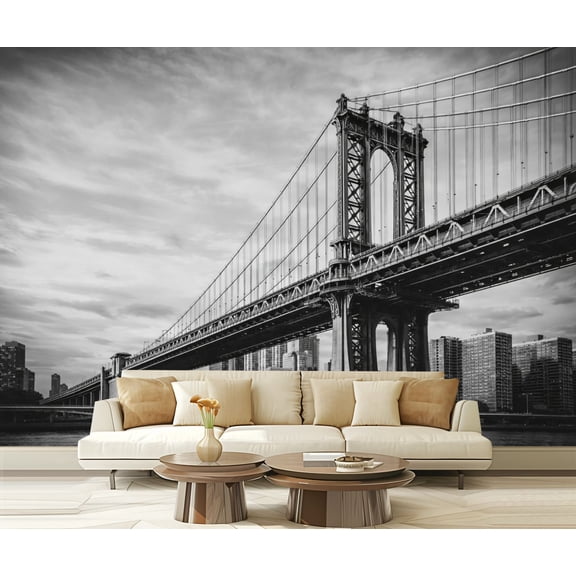 Peel and Stick Wallpaper Waterproof Bridge City Skyline Black White Wall Mural Decor Self Adhesive and Removable 69in x 98in