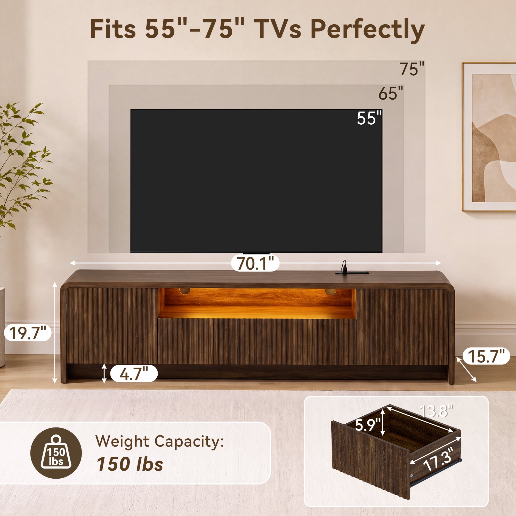 Lacoo 70 Inch Fluted TV Stand for 55-75 Inch TVs, Entertainment Center with Charging Station and RGB LED Lights, Media Console with 2 Drawers and Storage Cabinets for Living Room, Walnut