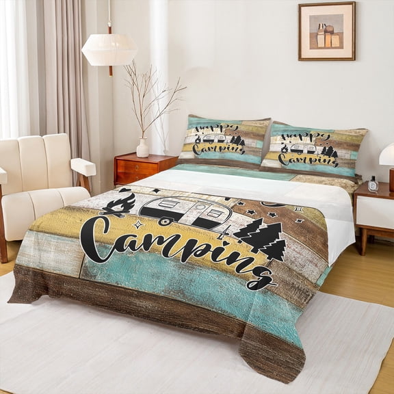 Homewish Happy Camping Twin Sheet Sets 3pcs for Kids Children Teens,Adventure Car Twin Fitted Sheet Microfiber,Lodge Cabin Breathable Flat Sheet,Super Cozy Room Decor