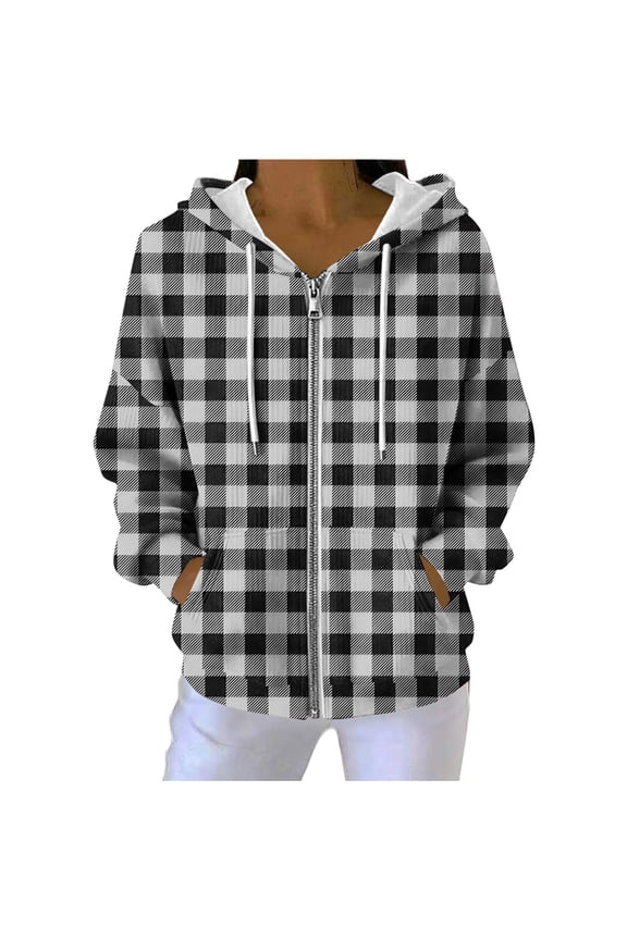 Women's Fashion Casual Printing Long Sleeve Pocket Hooded Pit Strip Zippered Pocket Sweatshirt Hoodie Coat