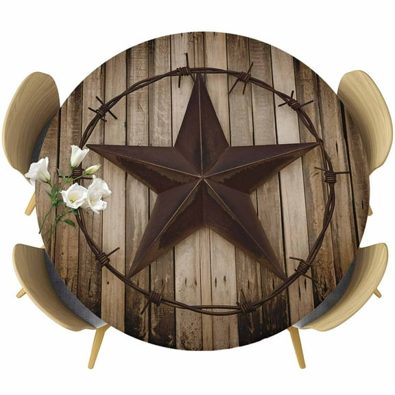 Western Star Retro Fitted Tablecloth with Elastic Edged, Round Table Cloth for Dining Table, Vintage Brown Wood Barn Waterproof Oil Proof Table Cover for Indoor Outdoor 55"-60"