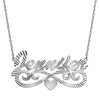 Personalized Women's Rhodium or Gold Plated Diamond Cut Script Nameplate Necklace with Heart Swirl