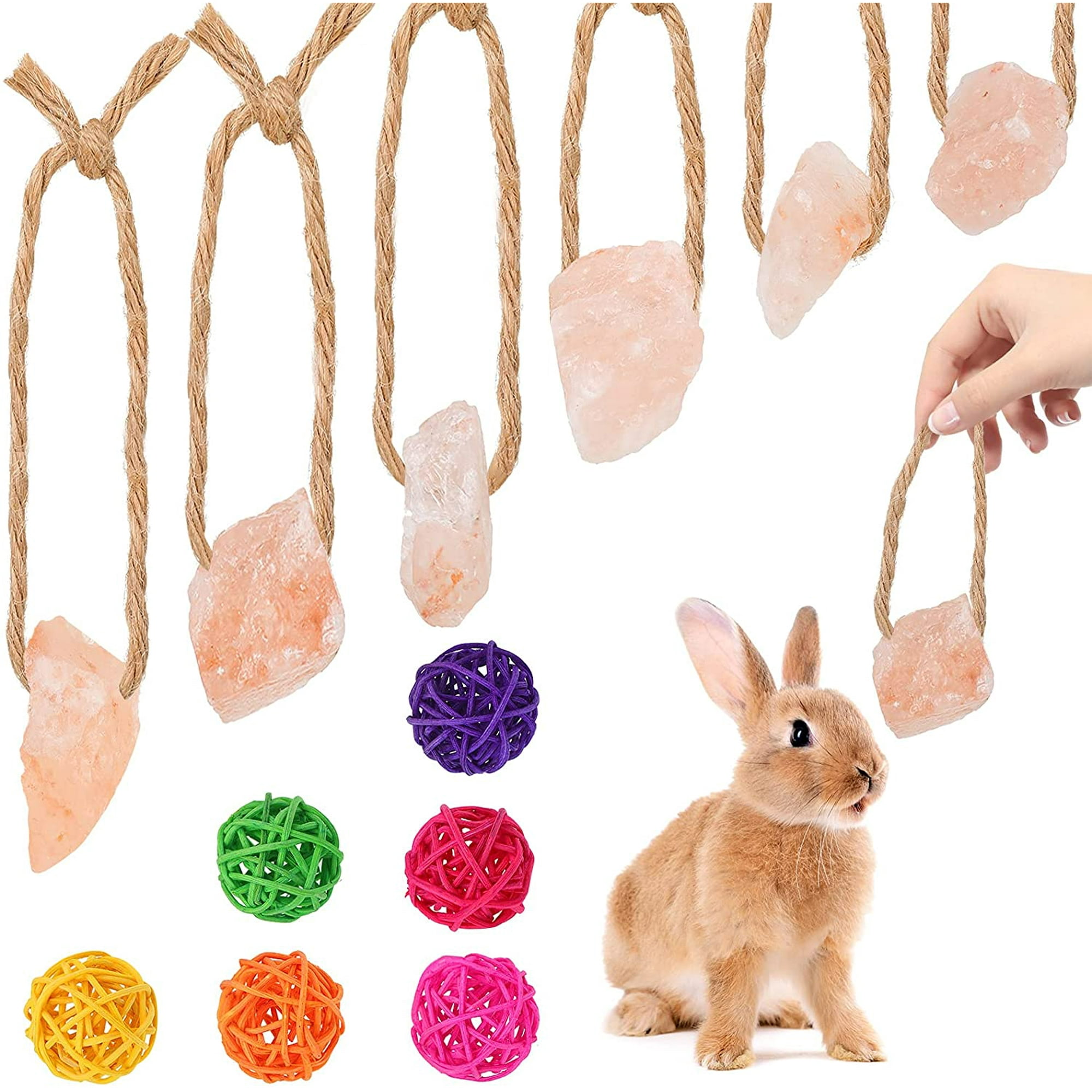 12 Pieces Himalayan Small Pets Lick Salt Block on Rope Set Including 6 Colorful Pet Chew Rattan Balls and 6 Himalayan Salt Lick Small Pet Mineral Salt