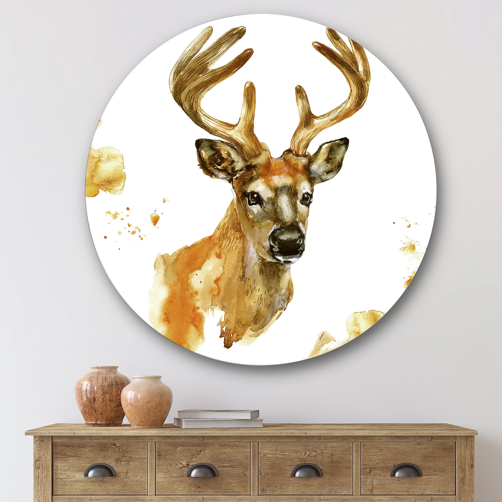 Designart 'Abstract Portrait Of Deer With Big Horns' Farmhouse Circle Metal Wall Art 29x29 - Disc of 29
