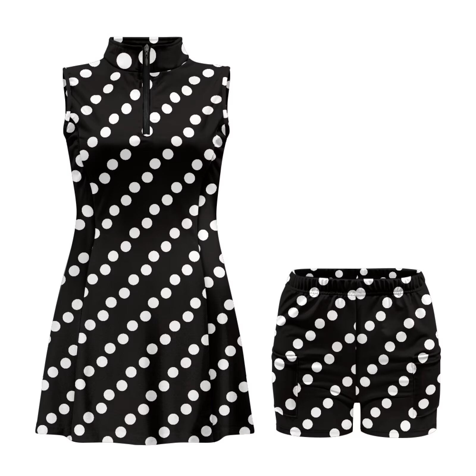 Uorisanigo Black Polka Dots Womens Sleeveless Golf Tennis Dresses Comfortable Zip Up Collar Workout Golf Dresses Build in Shorts with Pockets 2 Piece Sets Outing Wear
