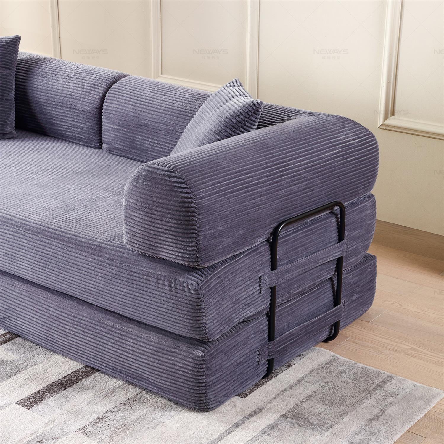 Demi Bonn 77" Convertible Sleeper Sofa Bed, Corduroy Foldable Mattress Couch with Cylindrical Pillow & Fixed Frame for Living Room, Bedroom, Gray