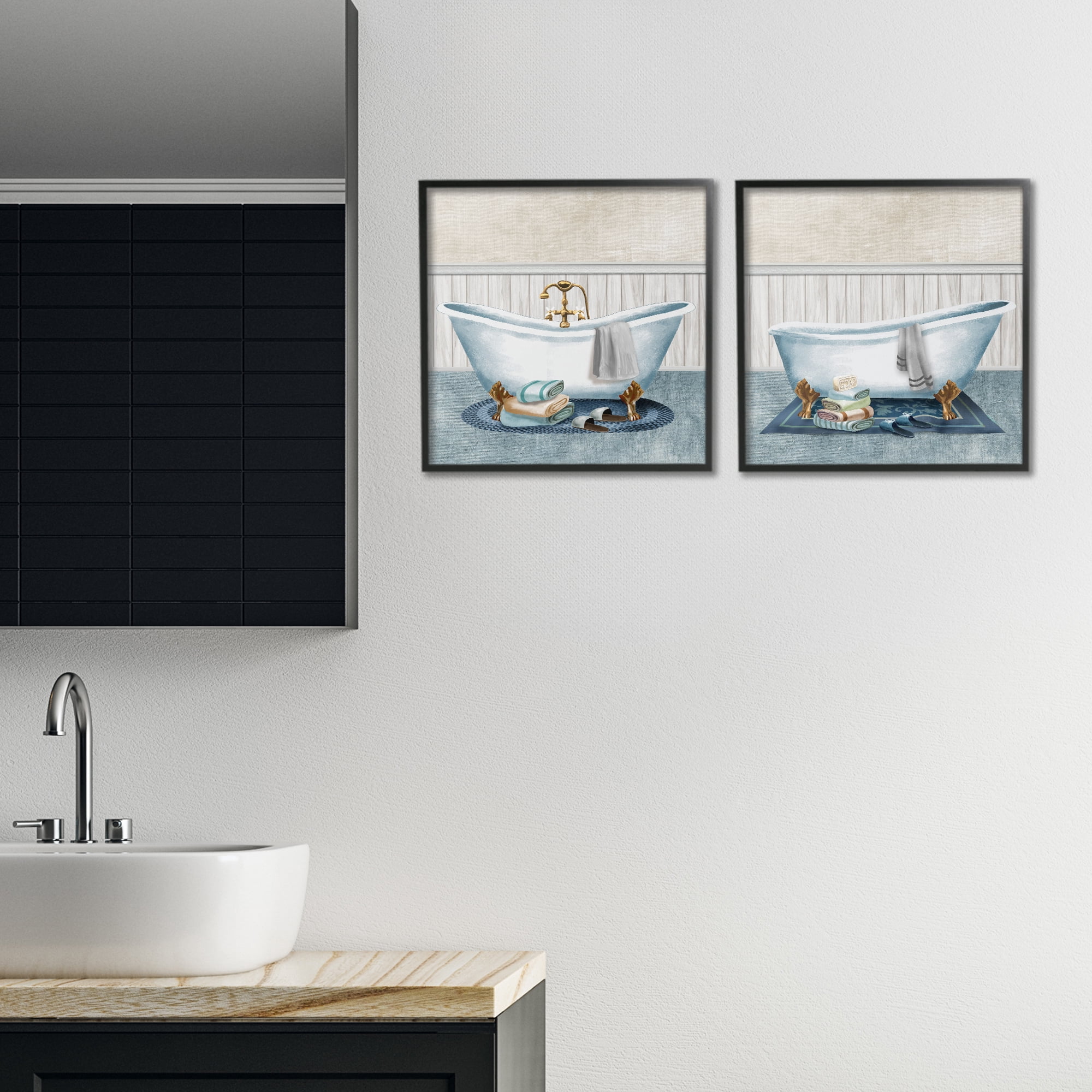 Stupell Industries Cozy Bathtub & Slippers 2 Piece Black Framed Giclee Art Set, design by Conrad Knutsen