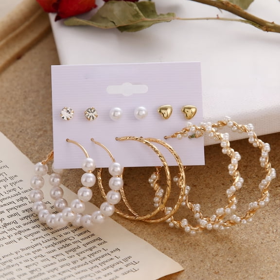 DESIGNICE 2026 New 6 Pairs Pearl Hoop Earrings for Women Lightweight Open Large Circle Faux Pearl Beaded Earrings Large Hoop Earrings for Women for Parties, Weddings, Casual, Office