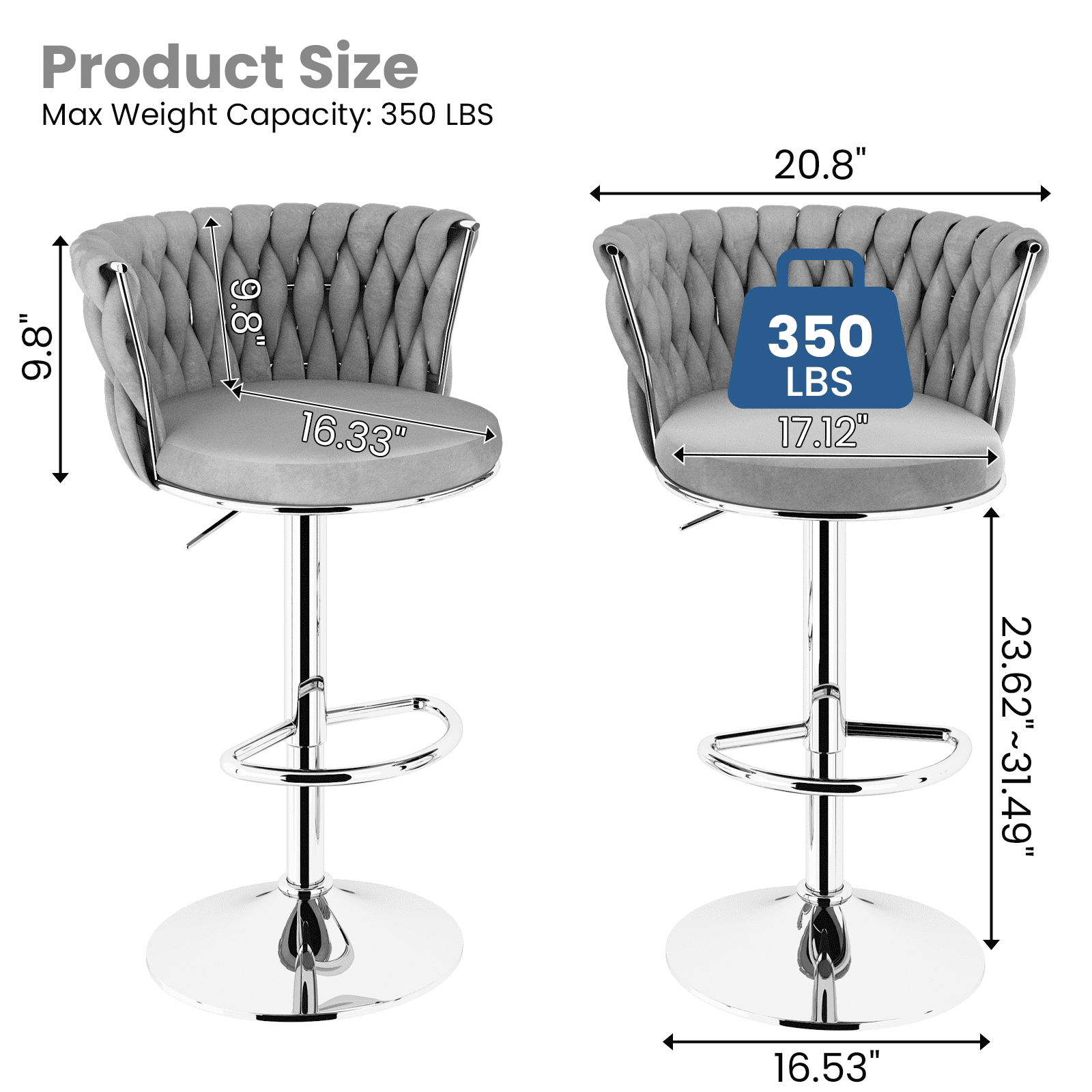 AWQM Velvet Bar Stools Set of 2, Adjustable Counter Height Dining Chairs, Woven Swivel Pub Chairs with Back & Footrest, Counter Stools Bar Chairs for Kitchen Island, Pub, Restaurant, Gray