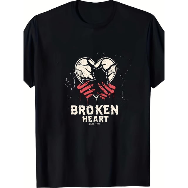 Broken Heart Slightly Elastic - Round Neck, Short Sleeved, Regular Fit, Knitted Fabric Suitable For All Seasons, With Digital