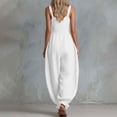 thumbnail image 4 of Women Button Down Cotton Jumpsuits Plain Strap Sleeveless Casual Wide Legs Rompers Loose Overall with Pockets, 4 of 6
