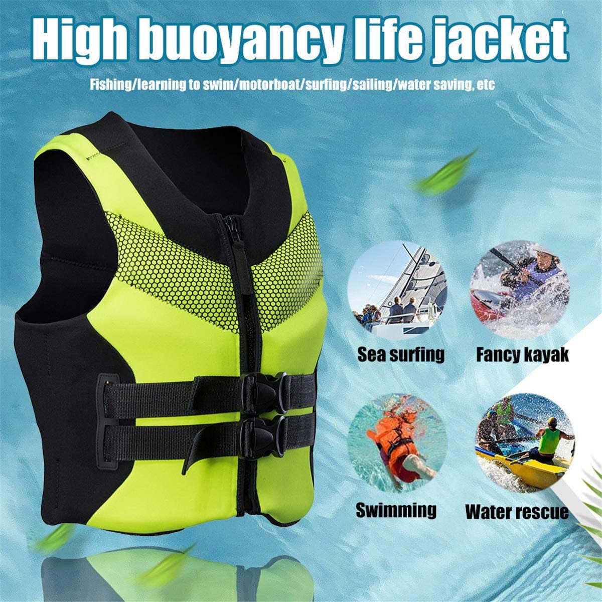 Lightweight Neoprene Green High Visibility Buoyancy Waistcoat Life Vest for Boating Fishing Lifesaving Waistcoat