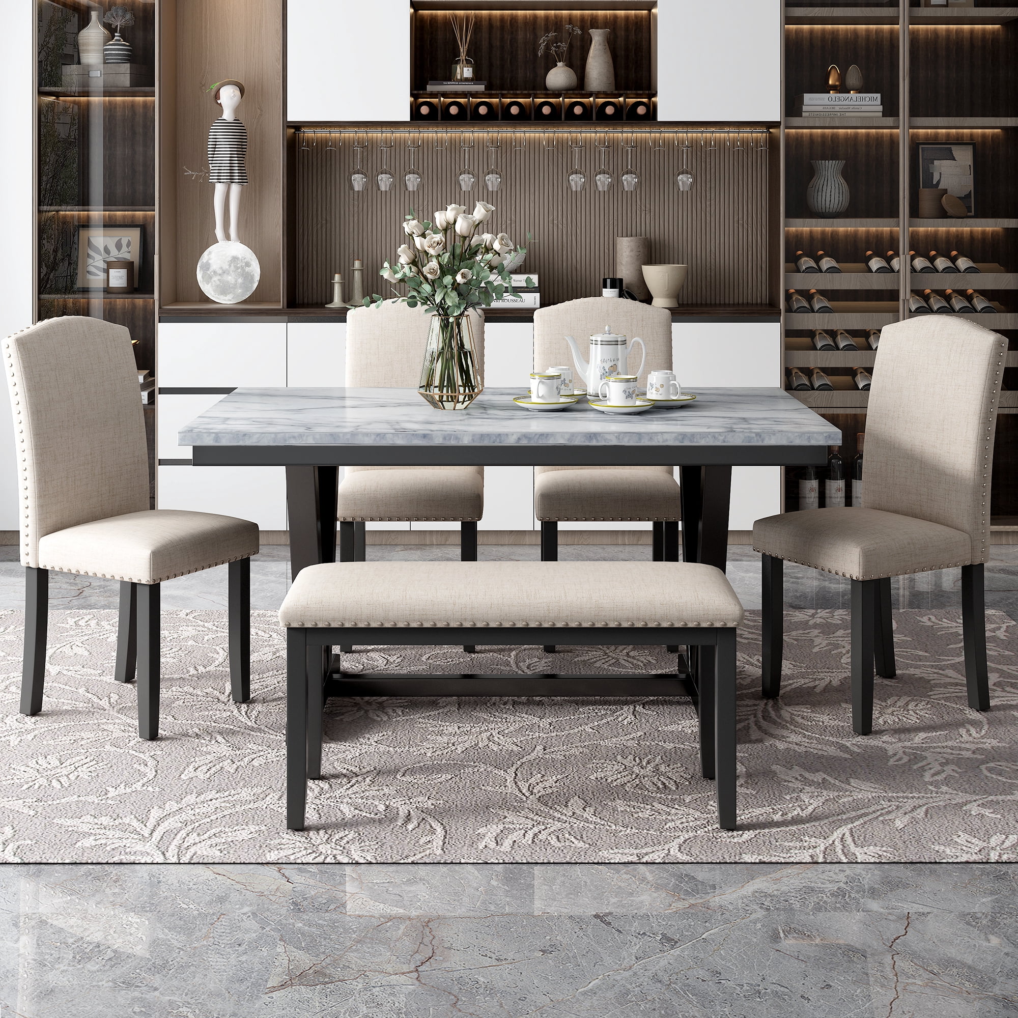 Howcool Modern 6-Piece Dining Set, Marbled Veneers Tabletop, V-Shaped Legs, 4 Chairs & Bench, White
