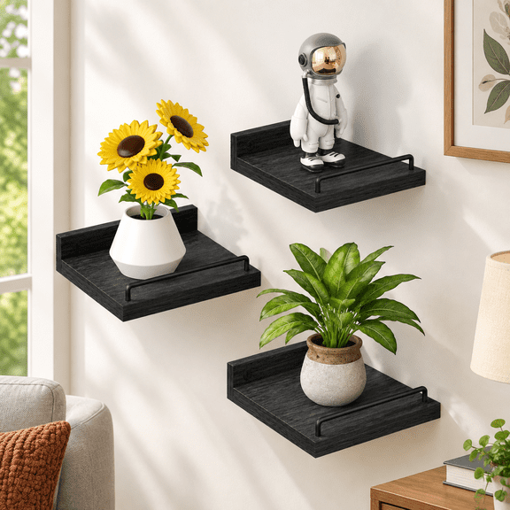 Black 6" Small Floating Farmhouse Wall Shelves Set of 3 for Living Room Bedroom Kitchen