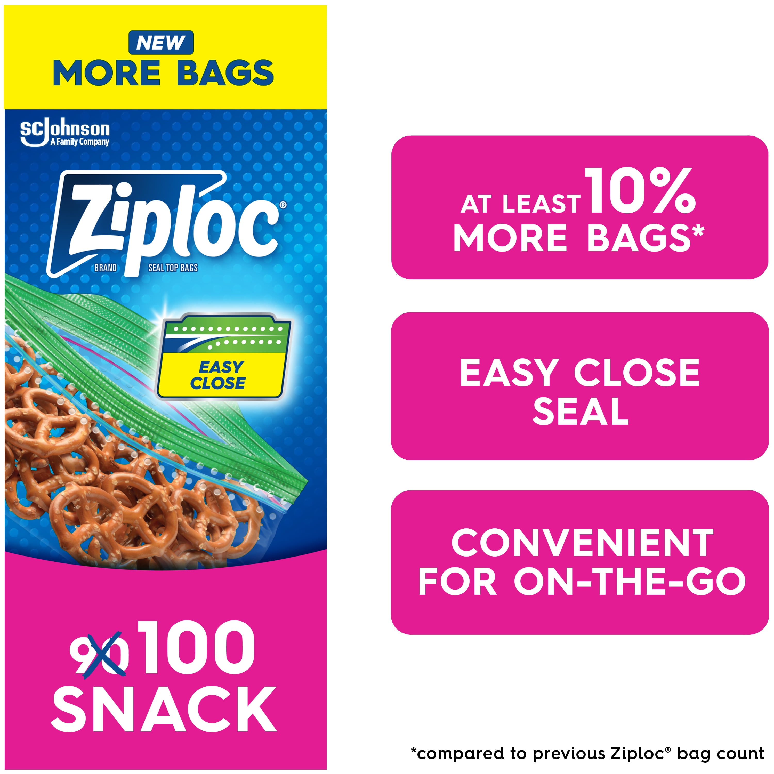 Ziploc® Snack Bags with Grip 'n Seal Technology, 90 Bags