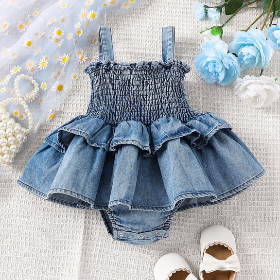MEZZALL Bodysuits Stylish Denim Dress For Baby Girls Sleeveless Soft Romper With Adjustable Straps And Snap Closure Square Collar Lovely Back To School Onesie