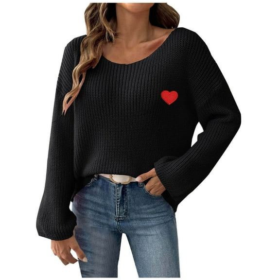 XMMSWDLA Women's Love Heart Pullover Sweater Long Sleeve Crewneck Sweater Oversized Knit Sweater