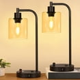thumbnail image 1 of Juego de 2 lámparas de mesa industriales con puertos USB C+A y tomacorriente, totalmente regulables, para dormitorios, mesita de noche, lámpara de escritorio con pantalla de vidrio para lectura, sala, 1 of 9