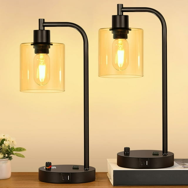 Juego de 2 lámparas de mesa industriales con puertos USB C+A y tomacorriente, totalmente regulables, para dormitorios, mesita de noche, lámpara de escritorio con pantalla de vidrio para lectura, sala