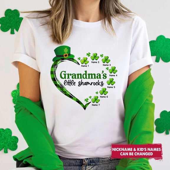 DeliFri Grandma's Little Shamrocks Personalized T-Shirt, St. Patrick's Day Gifts for Grandma Nana Mimi Gigi, Custom Nana T-Shirt with Grandkids Names