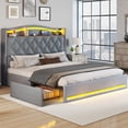 thumbnail image 2 of Dextrus Queen Size Velvet Upholstered Bed Frame with 4 Storage Drawers and LED Lights, 57" Tall Headboard Bed with Charging Station, Platform Bed No Box Spring Needed, Noise-Free, Easy Assembly, Grey, 2 of 10