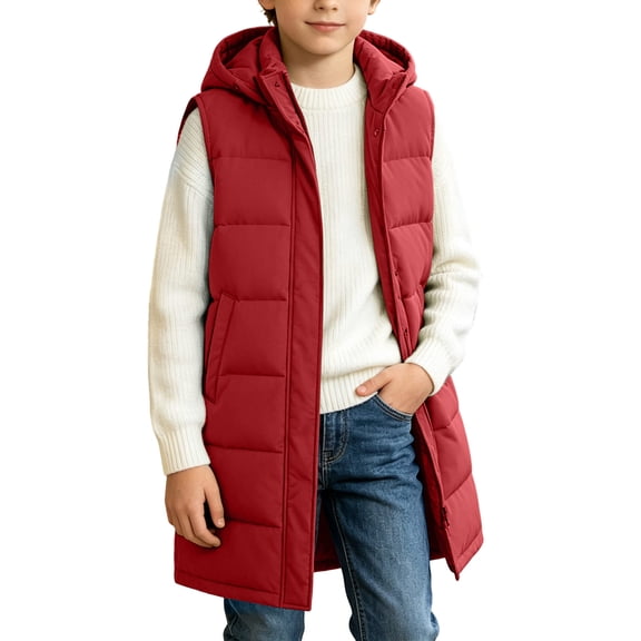 hotojiny Kids Long Puffer Vest Girls Boys Quilted Hooded Sleeveless Coat Thicken Button down Zip up Padded Outerwear Vests(Red,14-15 Years)