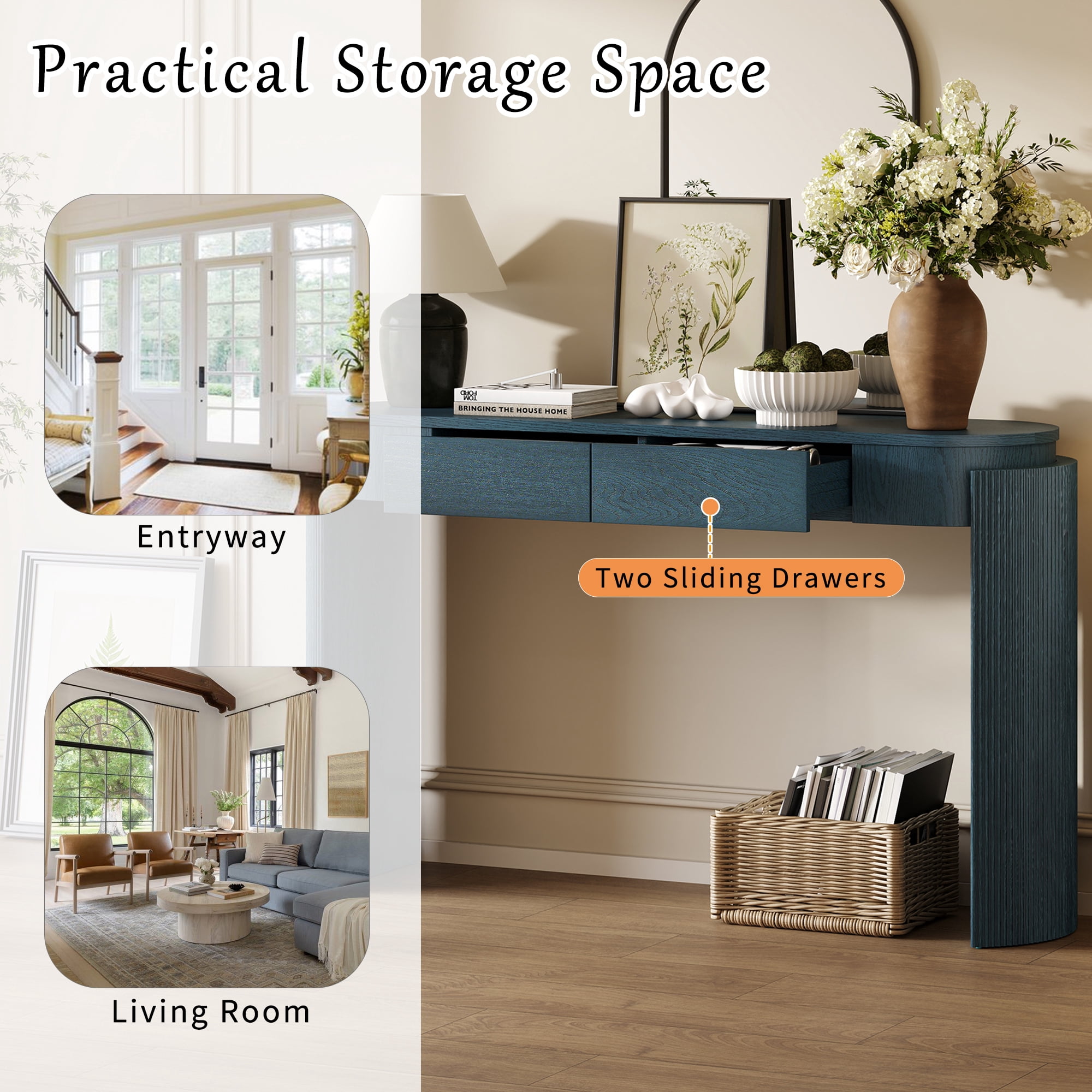EUROCO 55" Entryway Table with Oval Top and 2 Drawers,Wood Console Table Sofa Table with Fluted Design for Living Room,Navy