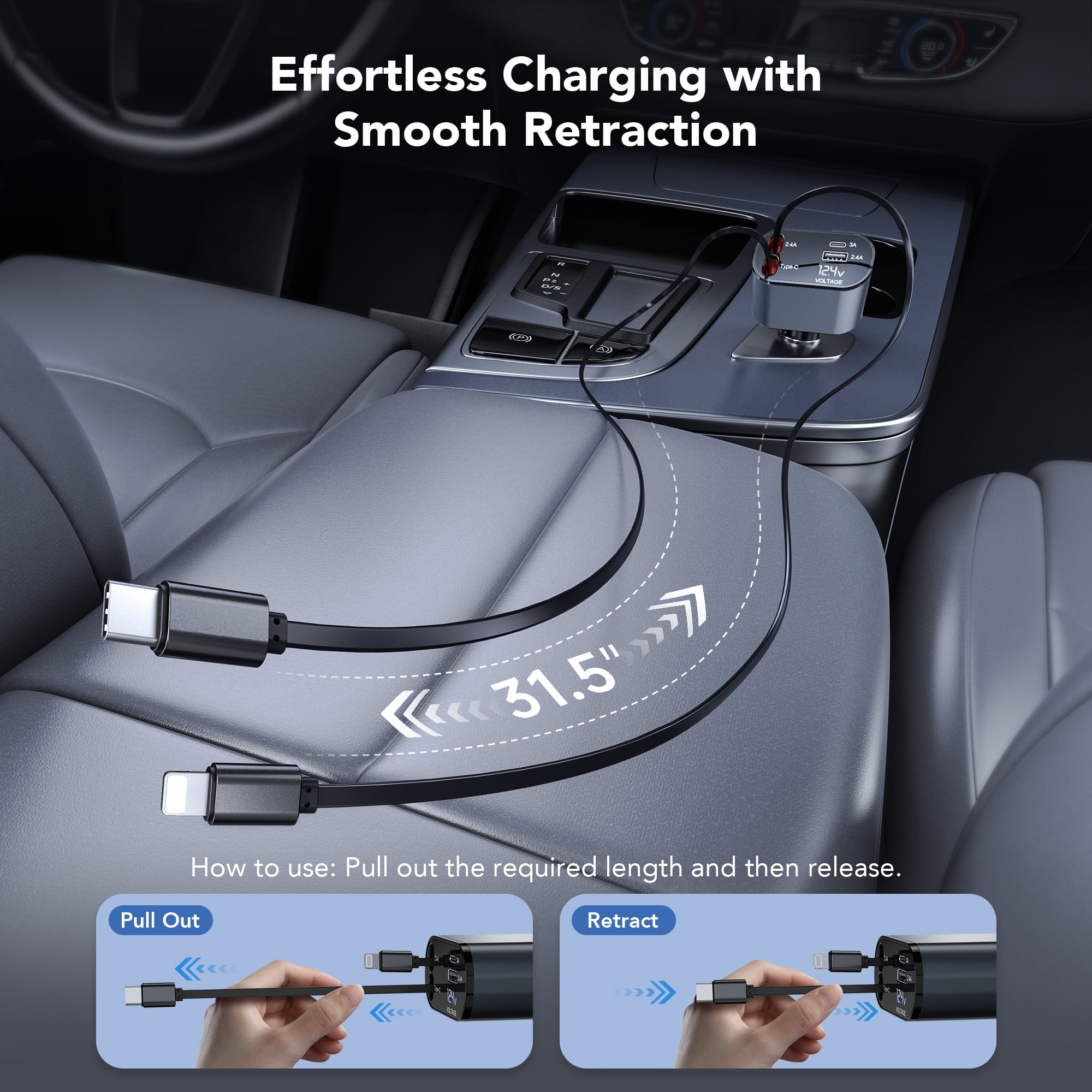 TAOHAI 60W 4-in-1 Retractable Car Charger USB C - Fast Charging Adapter with 2 USB Ports for iPhone 16/15, Galaxy, Pixel