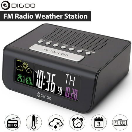 Digoo Wireless Digital Alarm Clock FM radio Clock Calendar Snooze Weather Forecast Station Indoor Thermometer Hygrometer Temperature Humidity (Best College Radio Stations In America)