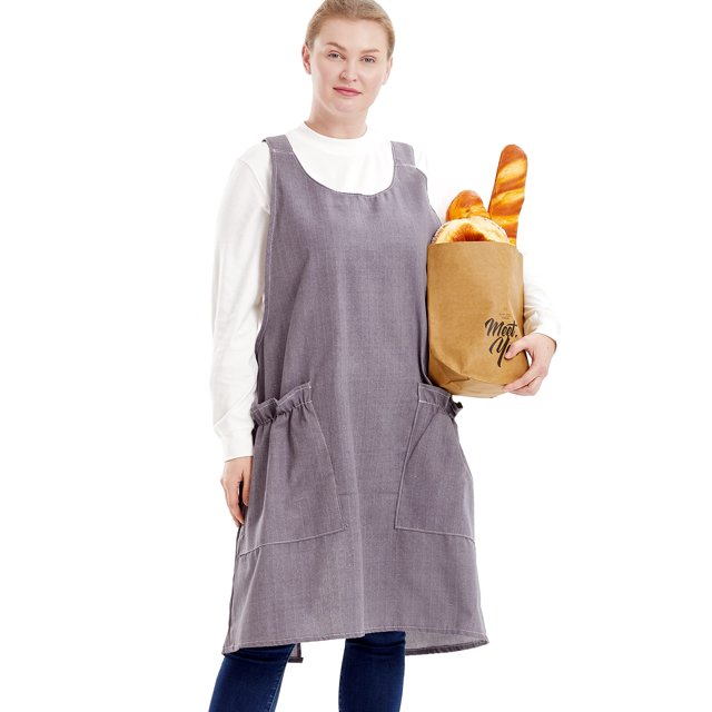 DELANTAL Delantales grandes de talla grande para mujer con bolsillos Algodón Lino Hornear Cocina Cocinar Gris liso