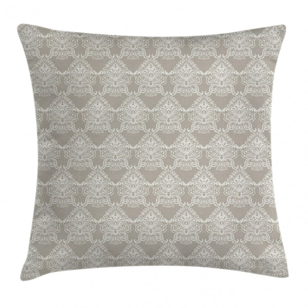 Taupe Throw Pillow Cushion Cover, Ancient Royal White Damask Figures in