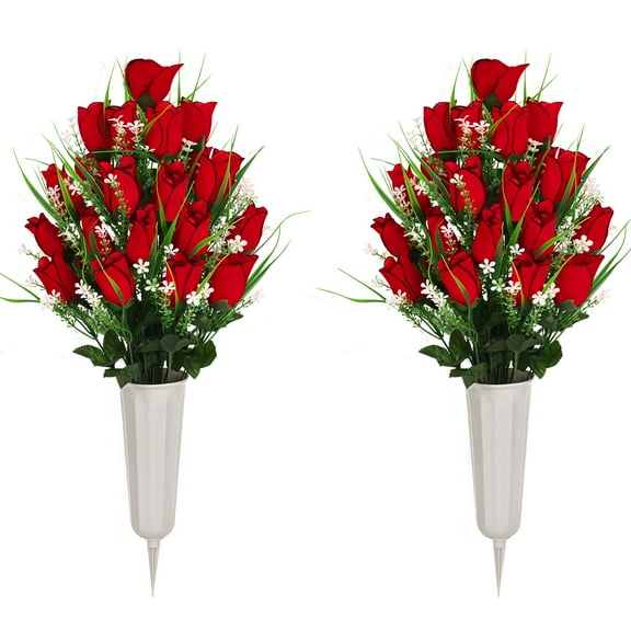 Lyacmy Artificial Cemetery Flowers with Vase ,Set of 2 Artificial Rose Bouquet Graveyard Memorial Flowers for Cemetery Headstones Decoration