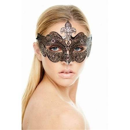 Black Luxury Metal Venetian Medieval Laser Cut Masquerade Mask with Pink Rhinestones - One Size
