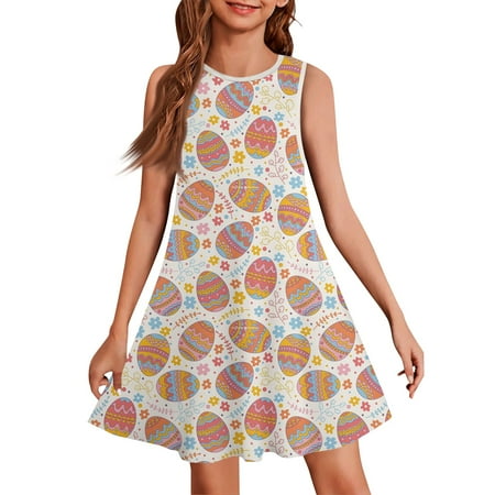 Paaisye Little Girls Cotton Dress 2025 Summer Cartoon Print Sundress Easter Back School Sleeveless Cover Up Swimsuit 2-9 Years Beige 160