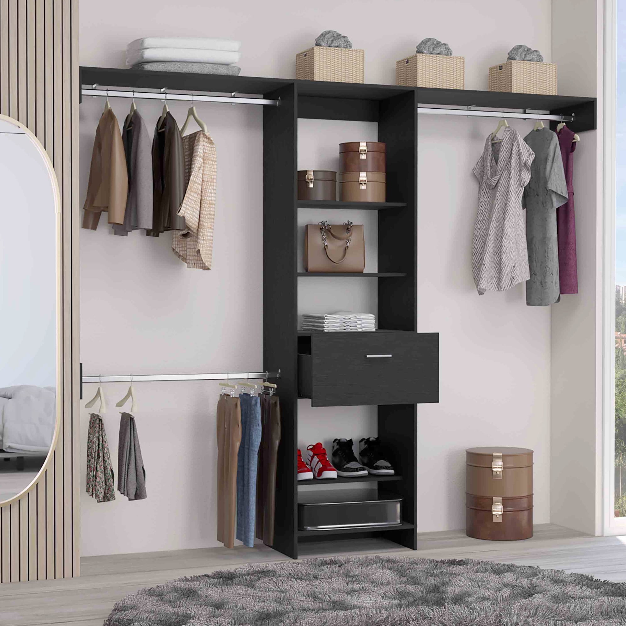 Black Closet System With One Drawer, Three Metal Rods, Five Open Shelf Visions In Color Shelves