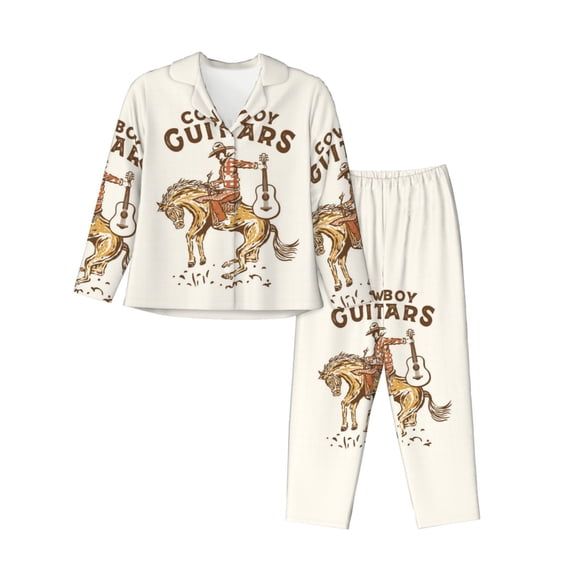 Pajamas for Women Set - Cowboy Rodeo Guitar Comfy Long Sleeve Button Up Pajama Sets for Women 2 Piece, Soft Sleepwear Nightwear Pjs Lounge Sets for Women with Pockets
