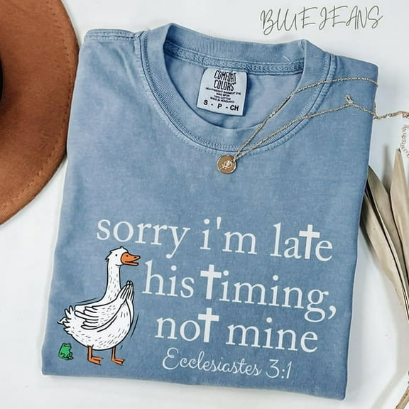 New Sorry I'm Late His Timing Not Mine" T-Shirt | Humorous Faith-Based Tee with Goose Graphic & Ecclesiastes 3:1 Scripture", DTG Print, Unisex Shirt